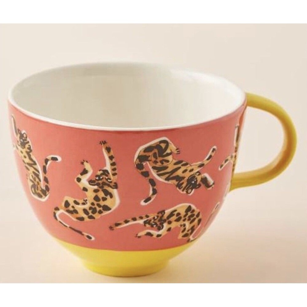 Anthropologie x CONVERSATIONS Pink and Yellow Cheetah Ceramic Mug 12.9oz NWT